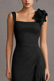 3D Floral Bodycon Square Neck Ruffled Little Black Dress
