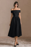 Off the Shoulder A Line Pleated Midi Little Black Dress