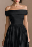 Off the Shoulder A Line Pleated Midi Little Black Dress