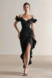 Off the Shoulder High Low Little Black Dress with Appliques