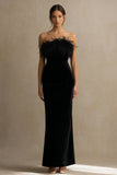 Black Velvet Strapless Sheath Feather Formal Dress