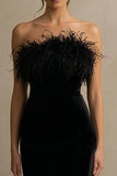Black Velvet Strapless Sheath Feather Formal Dress