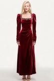 Burgundy Long Sleeve Velvet A Line Holiday Party Dress