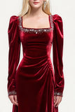Burgundy Long Sleeve Velvet A Line Holiday Party Dress