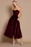 Burgundy Strapless Velvet A Line Midi Holiday Party Dress