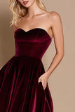 Burgundy Strapless Velvet A Line Midi Holiday Party Dress