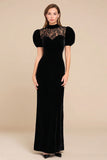 High Neck Black Velvet Sheath Short Sleeve Holiday Party Dress