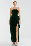 Velvet Strapless Pine Bowed Sheath Holiday Party Dress