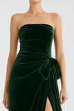 Velvet Strapless Pine Bowed Sheath Holiday Party Dress