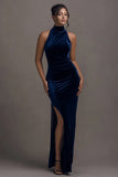 Halter Velvet Dark Navy Holiday Party Dress with Slit