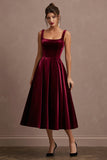 Simple Spaghetti Straps Velvet A Line Burgundy Holiday Party Dress