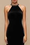 Halter Sheath Black Velvet Holiday Party Dress