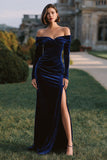 Navy Off the Shoulder Velvet Sheath Holiday Party Dress