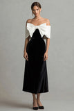 Off the Shoulder Velvet A Line Black and White Holiday Party Dress