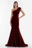 One Shoulder Velvet Mermaid Burgundy Holiday Party Dress