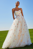 White Strapless Ruched A Line Prom Dress with Appliques