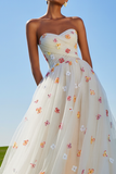 White Strapless Ruched A Line Prom Dress with Appliques