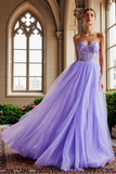 Strapless Corset A Line Lilac Prom Dress with Appliques