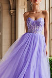 Strapless Corset A Line Lilac Prom Dress with Appliques