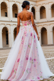 Strapless A Line Pink Floral Sequin Prom Dress