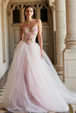 Pink Floral Sequin Strapless A Line Tulle Prom Dress