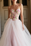Pink Floral Sequin Strapless A Line Tulle Prom Dress