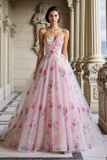 Strapless Pink Floral Sequin A Line Prom Dress