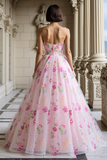 Strapless Pink Floral Sequin A Line Prom Dress