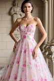 Strapless Pink Floral Sequin A Line Prom Dress