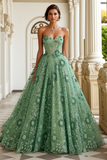 Green Appliqued Strapless Corset A Line Prom Dress