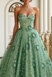 Green Appliqued Strapless Corset A Line Prom Dress