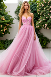 Strapless Pink A Line Tulle Prom Dress with Appliques