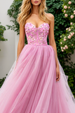 Strapless Pink A Line Tulle Prom Dress with Appliques