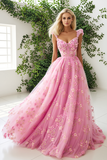 Pink A Line Tulle Corset Prom Dress with Appliques