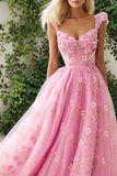 Pink A Line Tulle Corset Prom Dress with Appliques