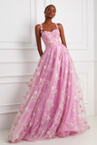 Floral Pink A Line Appliqued Spaghetti Straps Prom Dress
