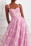 Floral Pink A Line Appliqued Spaghetti Straps Prom Dress