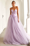 Strapless Corset A Line Lilac Prom Dress with Appliques