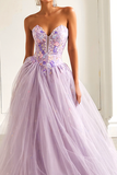 Strapless Corset A Line Lilac Prom Dress with Appliques
