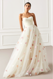 White Strapless Ruched A Line Appliqued Prom Dress