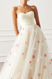 White Strapless Ruched A Line Appliqued Prom Dress