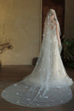 Elegant Ivory Appliqued Tulle Bridal Veil with Court Train