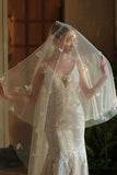 Elegant Ivory Appliqued Tulle Bridal Veil with Court Train
