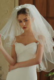 Elegant Ivory Bowed Tulle Ruffled Bridal Veil
