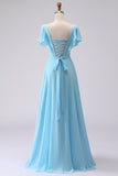 Sky Blue A Line V-Neck Chiffon Long Bridesmaid Dress With Slit