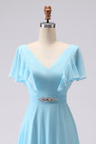 Sky Blue A Line V-Neck Chiffon Long Bridesmaid Dress With Slit