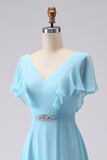 Sky Blue A Line V-Neck Chiffon Long Bridesmaid Dress With Slit