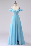 Sky Blue Corset Cold Shoulder Chiffon A Line Long Bridesmaid Dress With Slit