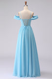 Sky Blue Corset Cold Shoulder Chiffon A Line Long Bridesmaid Dress With Slit