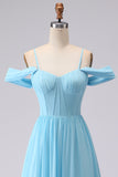 Sky Blue Corset Cold Shoulder Chiffon A Line Long Bridesmaid Dress With Slit